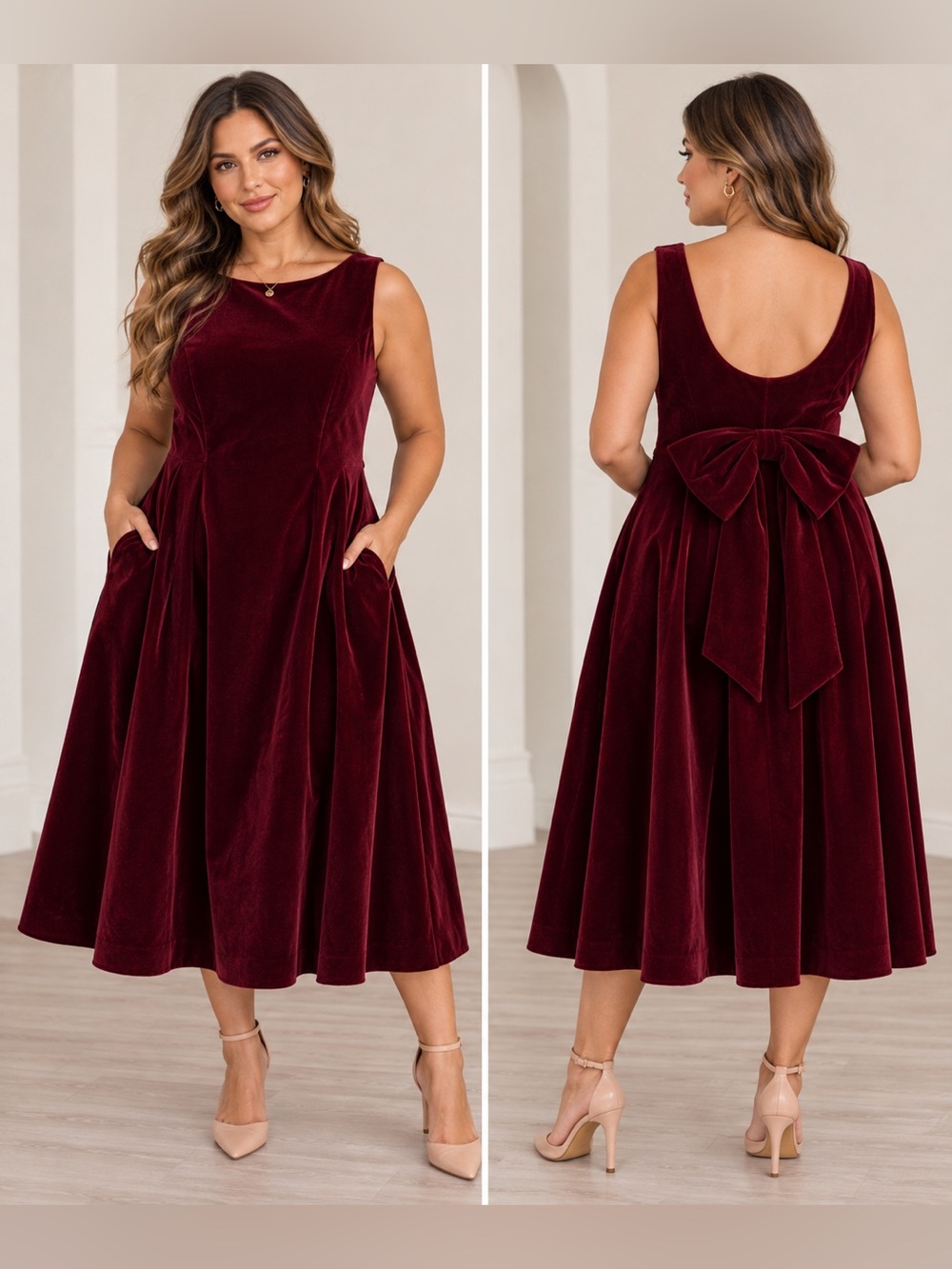 Sleeveless Velvet Fit-and-Flare Dress in Deep Burgundy